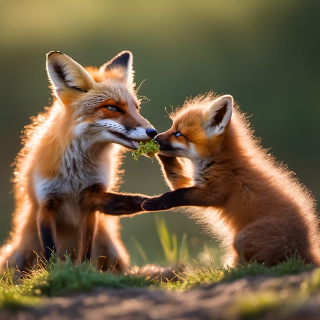 Baby fox playing with mother