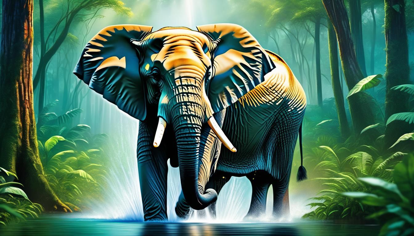 Close-up of a majestic elephant spraying water from the  
  ...