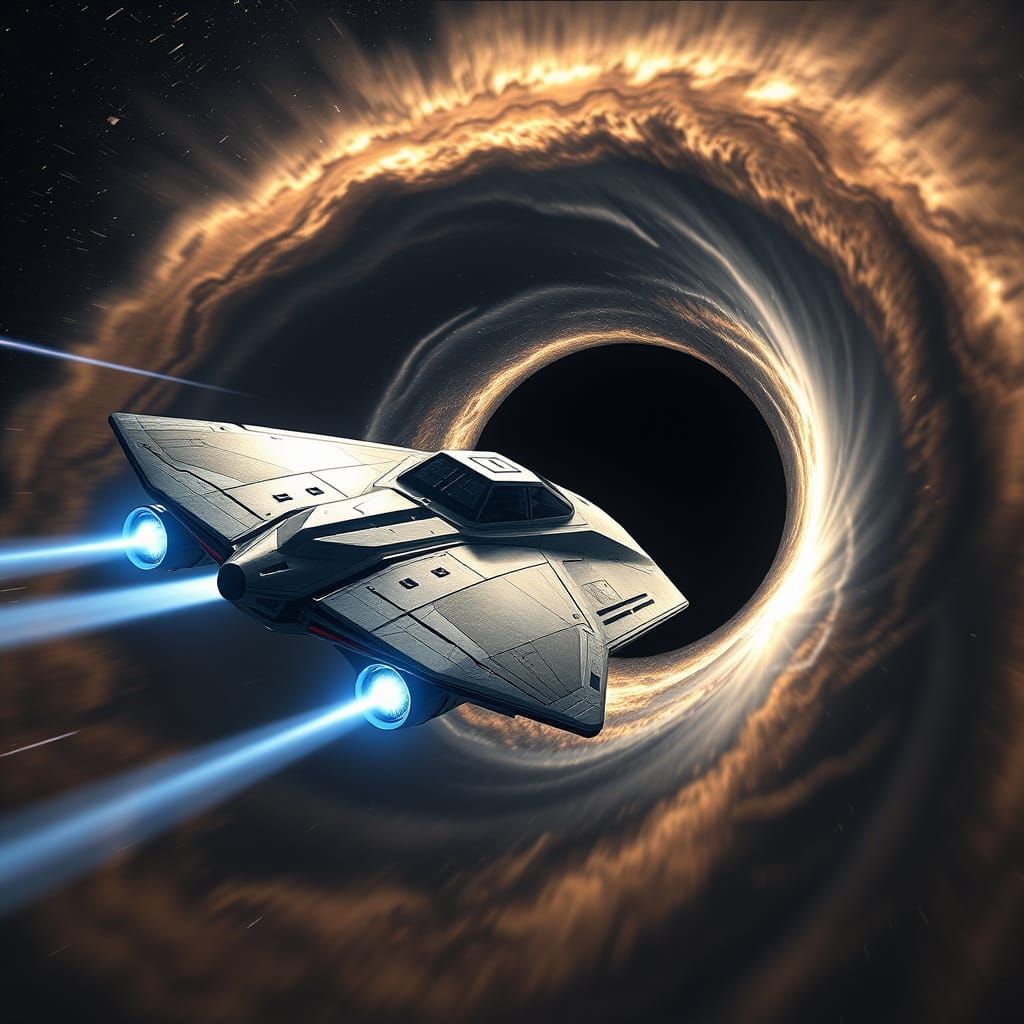 A majestic spaceship flying into a wormhole  by @Matt