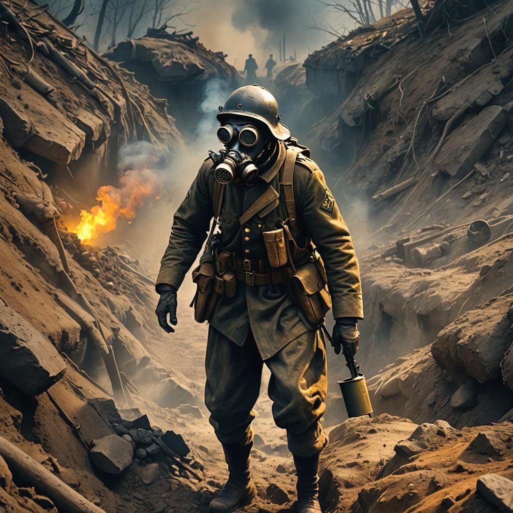 Generates a hyper-realistic photograph of a WW1 German soldier standing in a trench with a gas mask on, pointing his weapon towards the enem...