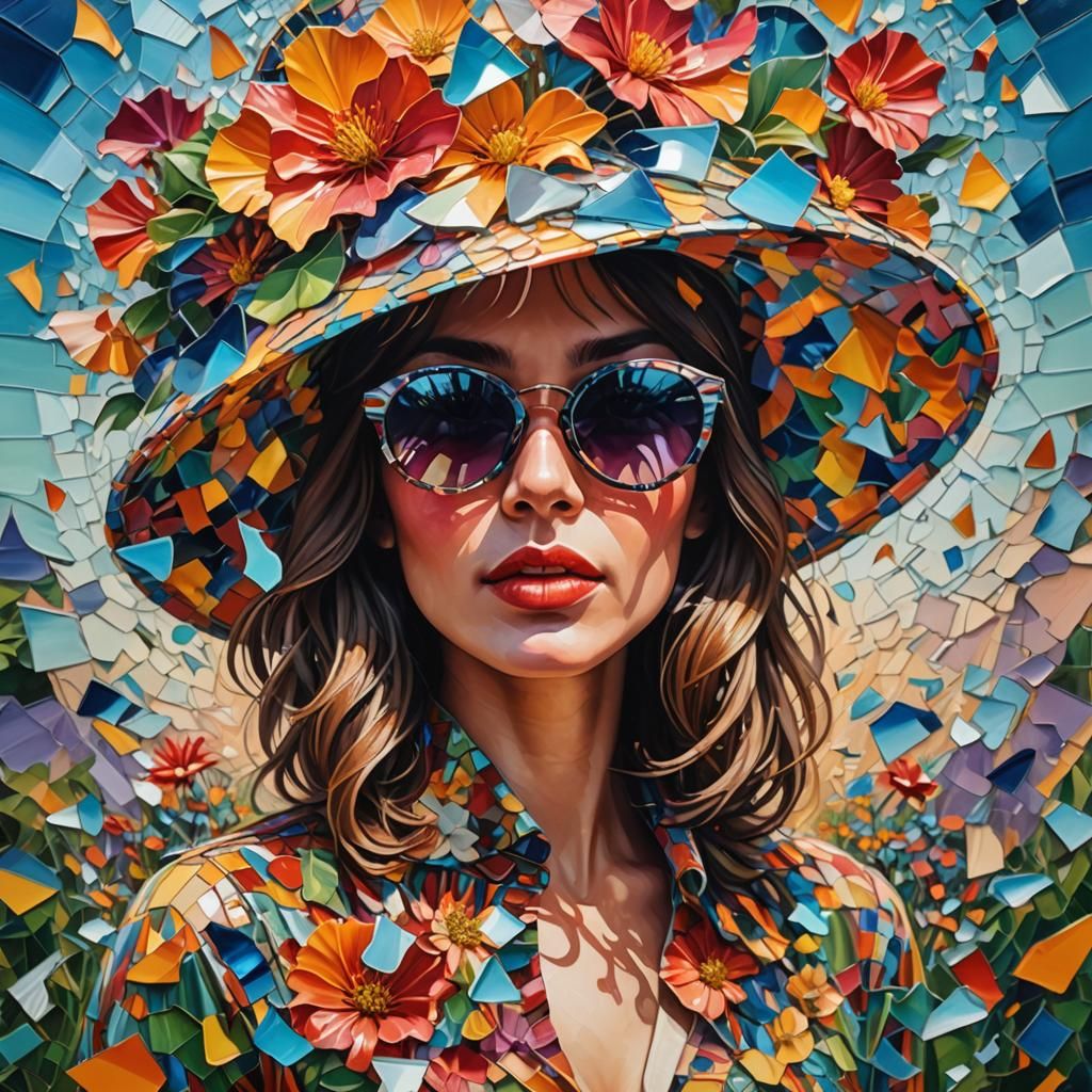 A beautiful woman wearing a large floral hat and sunglasses, set in a surreal landscape with shattered ...  by @PaulaH