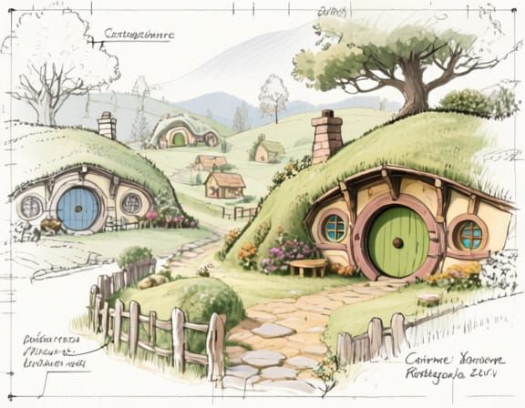 Rough Cottagecore Hobbit Village schematic 
