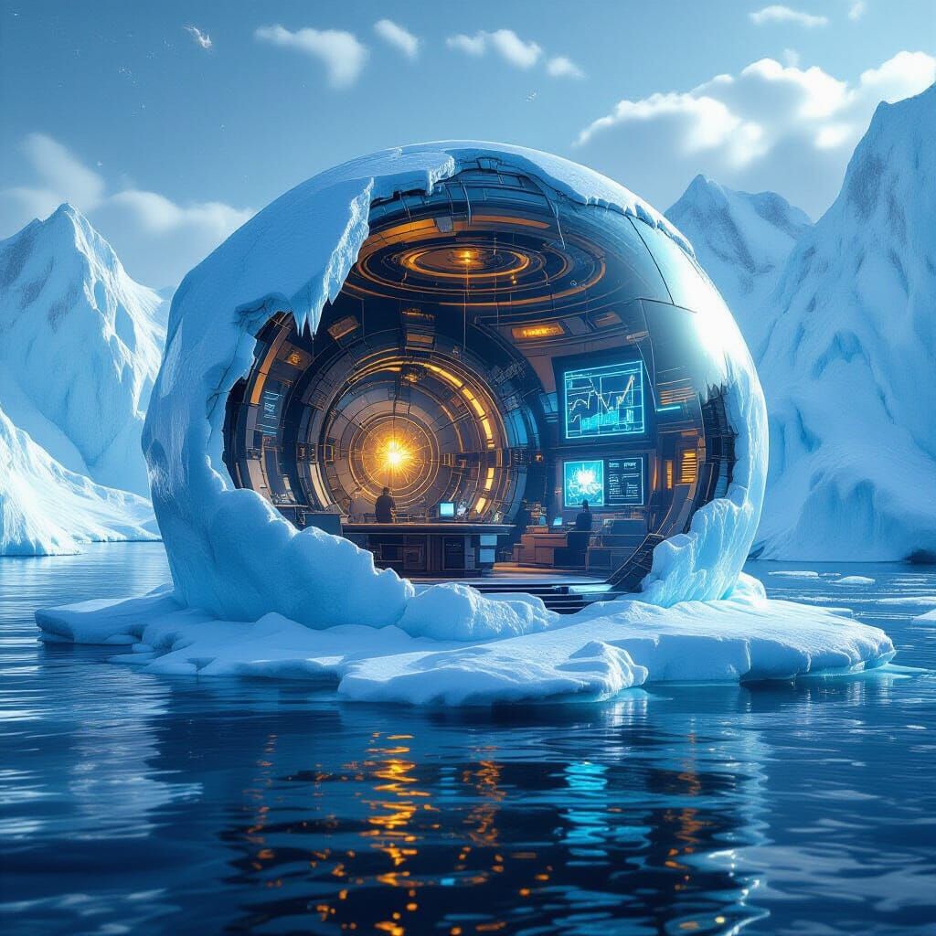 Sci fi  a globe overlay glass walls camouflaged in a, floating iceberg. surrounded by an ocean. An evil ...  by @Sumikokeel