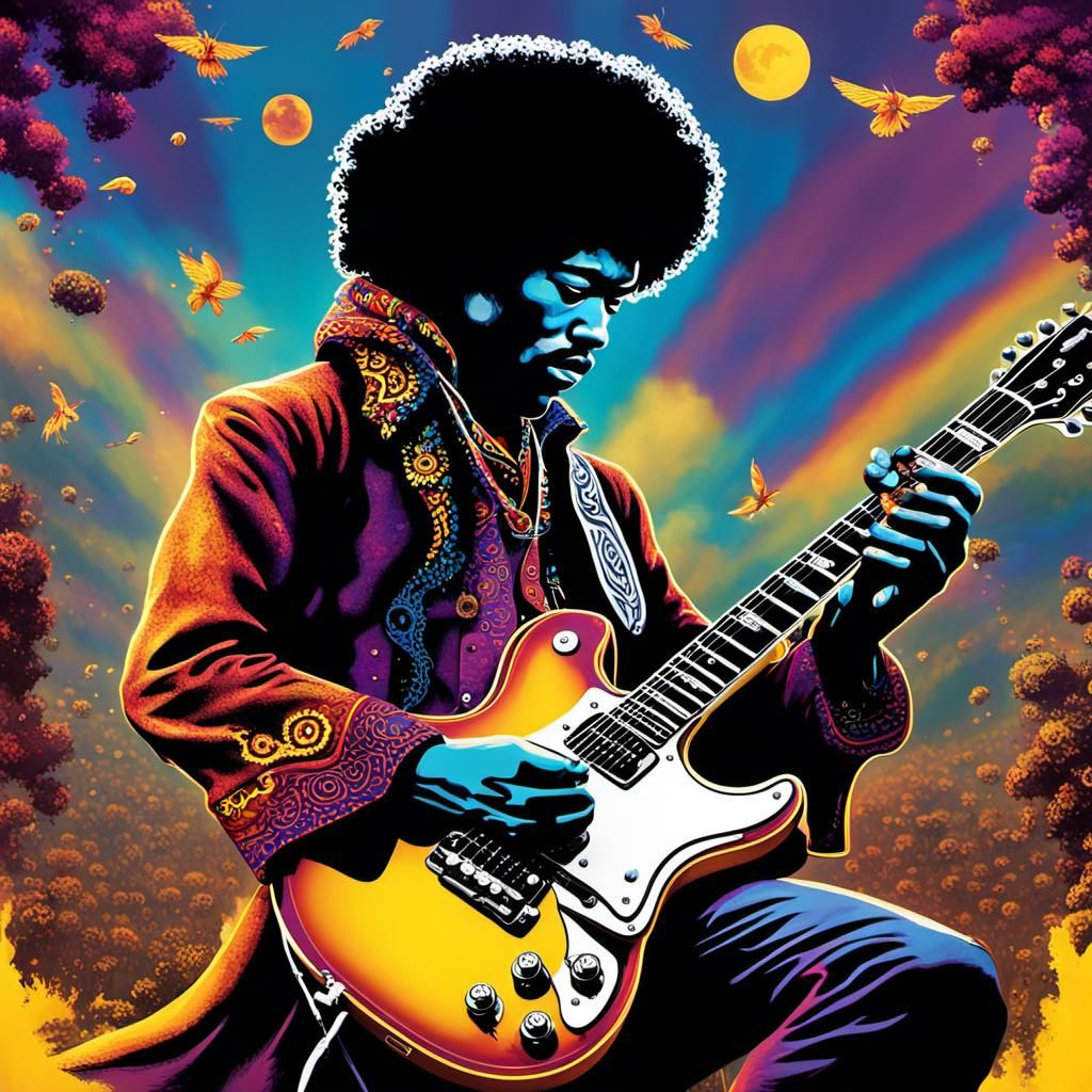 Jimi Hendrix playing guitar at Woodstock,  vivid colors   by @Fritholf