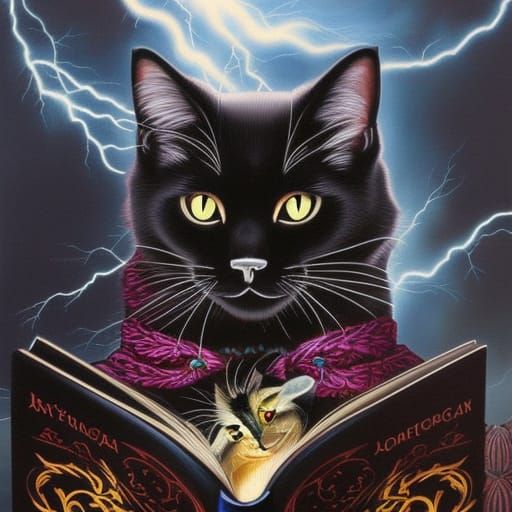 Magical black cat reading book and casting spells - AI Generated ...