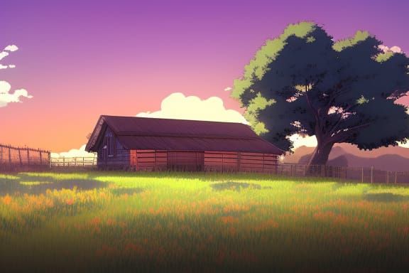 Cartoon Background of a Farm with Fields and Apple Trees Stock Illustration  - Illustration of grass, anime: 159721823