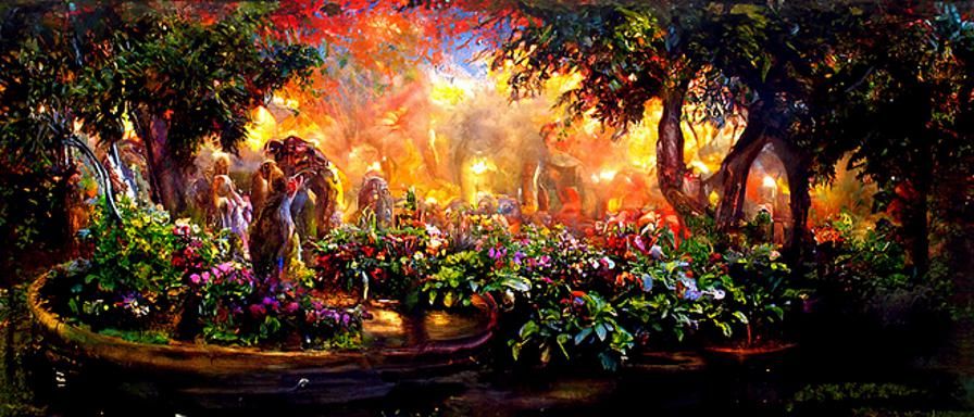 Garden of Eden oil painting by James Gurney ethereal fantasy hyperdetailed mist Thomas Kinkade