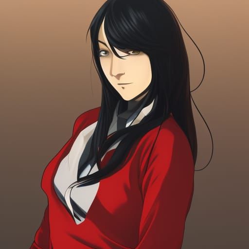 Yor from the anime Spy x Family in a red sweater and black pants