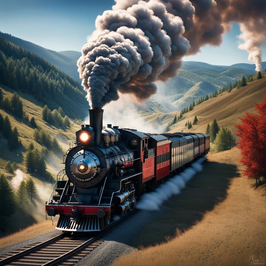 a realistic dramatic image of a vintage steam locomotive traveling down a railroad track through a scenic valley surrounded by mountains and...