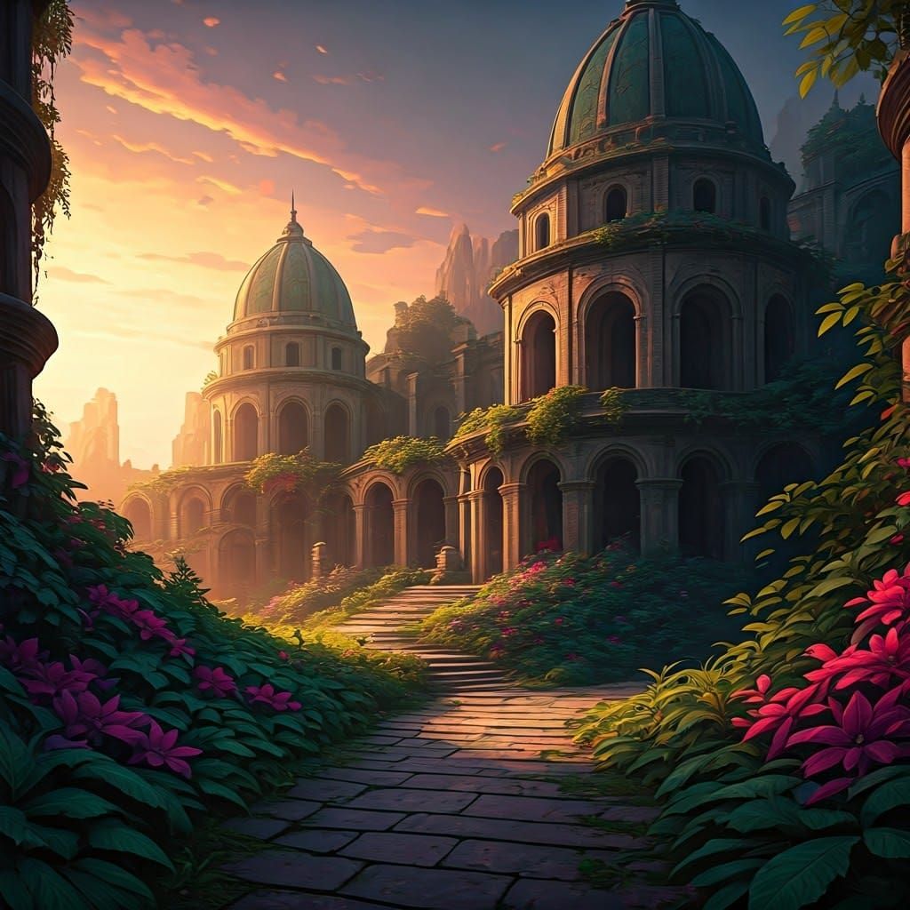 Mystical Ruined Cityscape at Dusk: Fantasy Concept Art