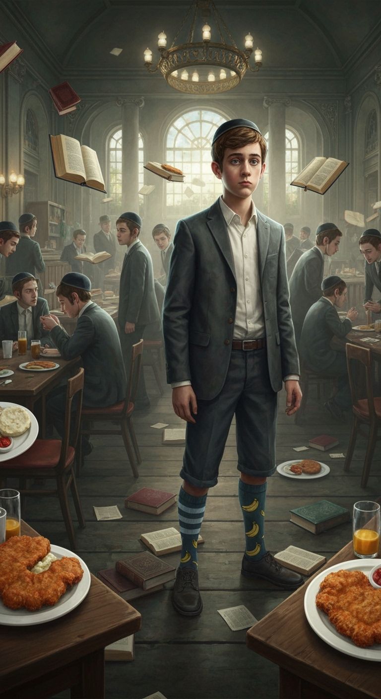 Boy in Chaotic Yeshiva Dining Room, Fantasy Concept Art
