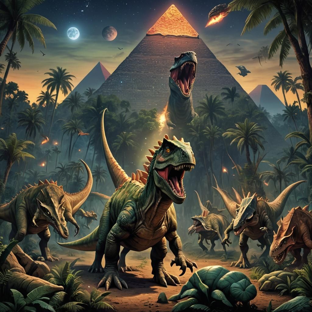 A dinosaur in between 5 aliens roaring at nighttime in a for...