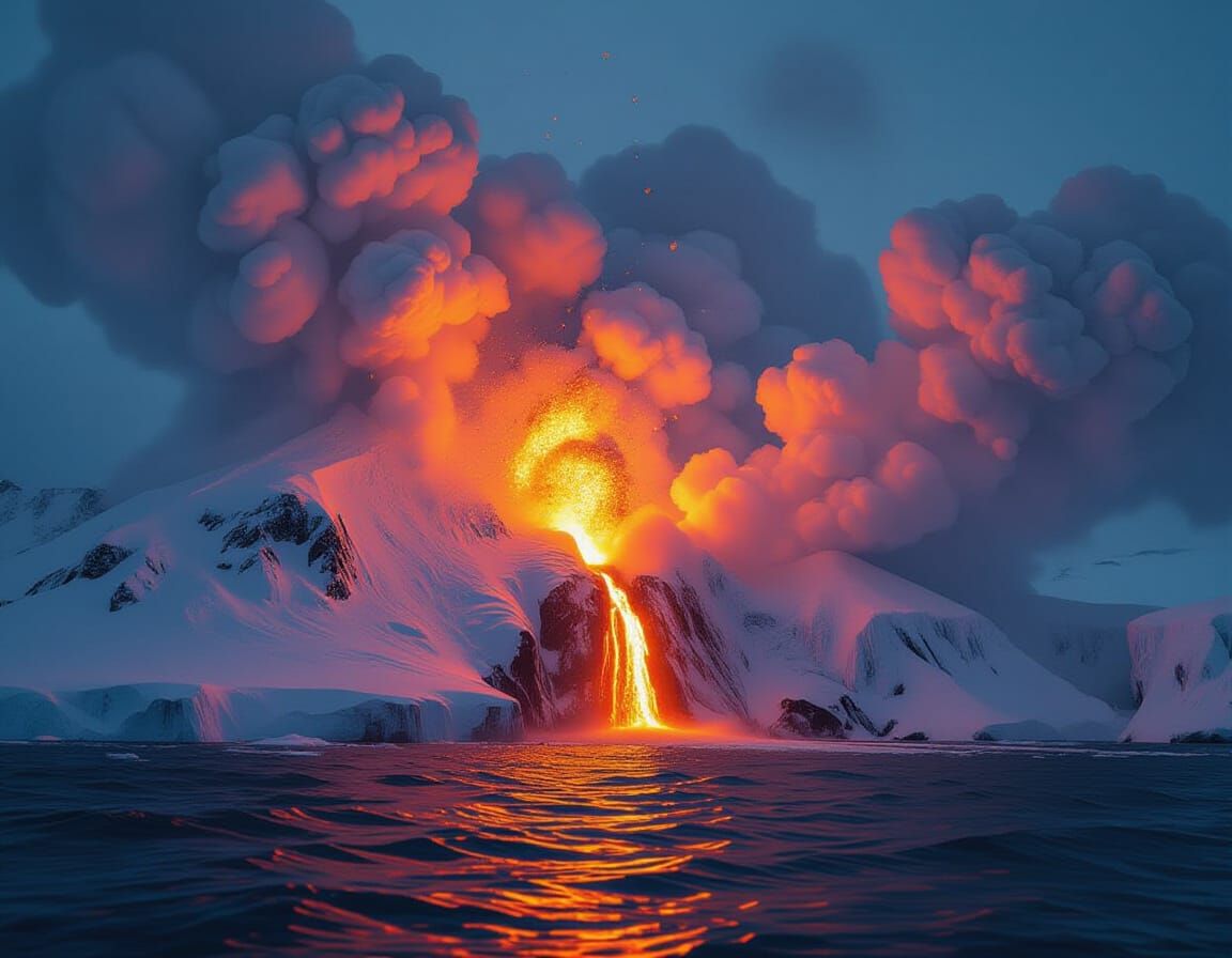 We see a snow covered volcano erupting in Antarctica blowing huge chunks of fiery rocks into the air and having the hot, smoking, dark orang...