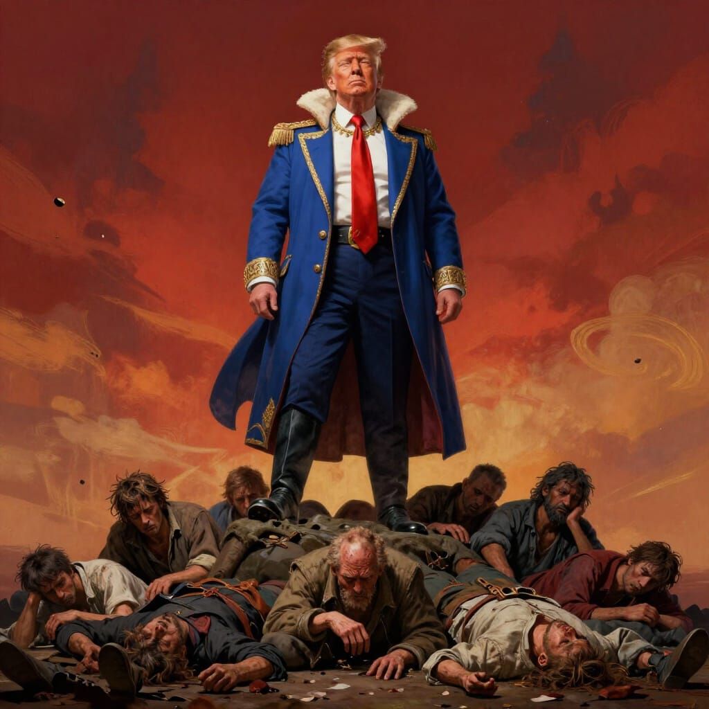 King Trump stepping on poor people who are lying on the ground