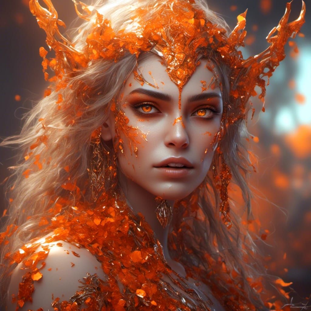 ((Orange Hues))(alluring, smirk) (Detailed face, Metallic eyes, body shimmering )(Electric lighting) (Caught you watching me, ) <lora:Enjoym...