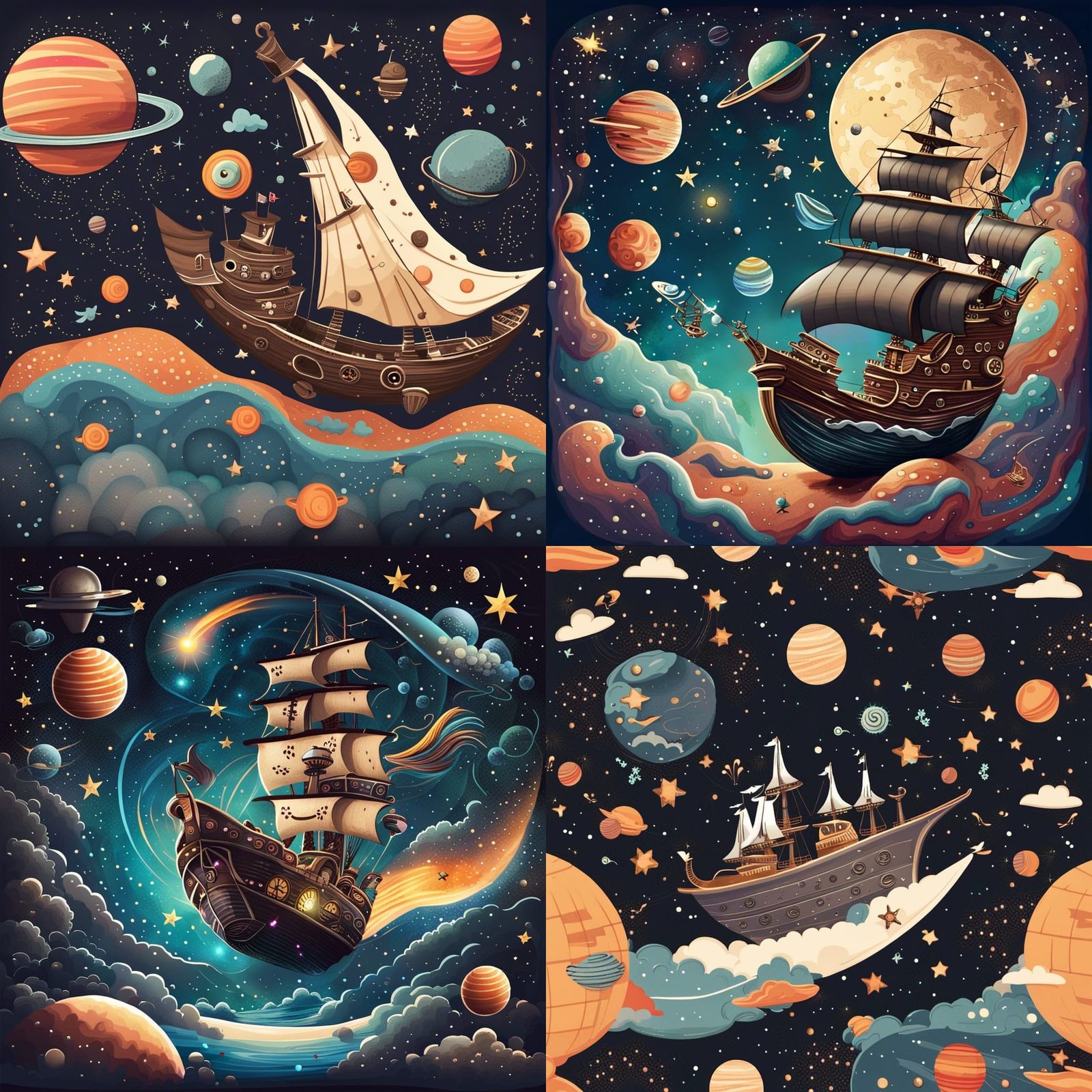 Design a whimsical scene featuring a flying pirate ship sailing through space with planets and stars