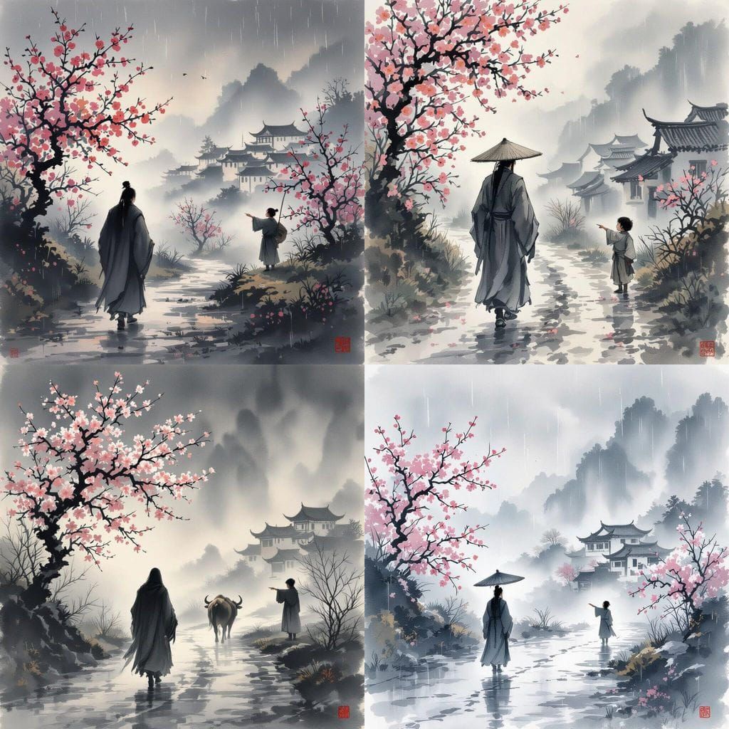Misty Spring Rain Scene with Pedestrians and a Shepherd Boy