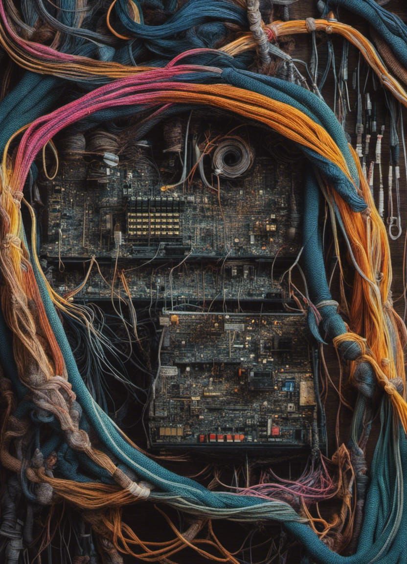 complex intricate macrame made from old computer cables with attached 8