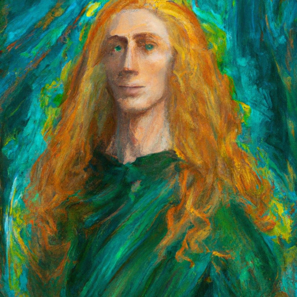Golden Haired Man in Green, Pre-Raphaelite Gouache Portrait