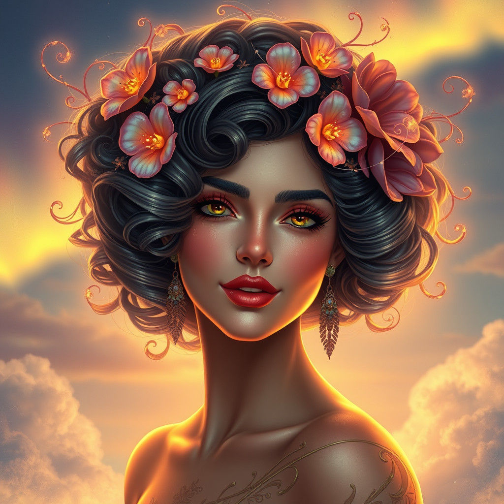 Ethereal Woman with Iridescent Flowers, Art Nouveau Portrait