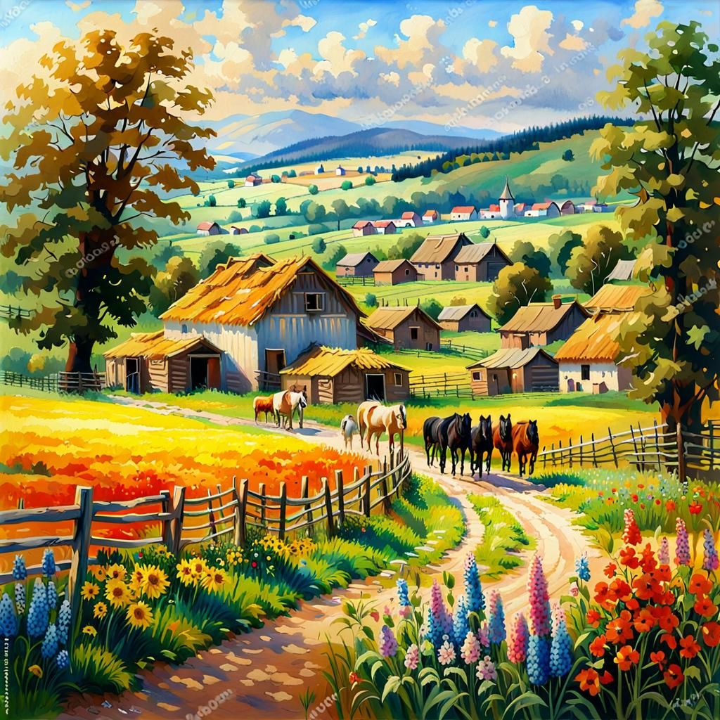 Village with fields and horses