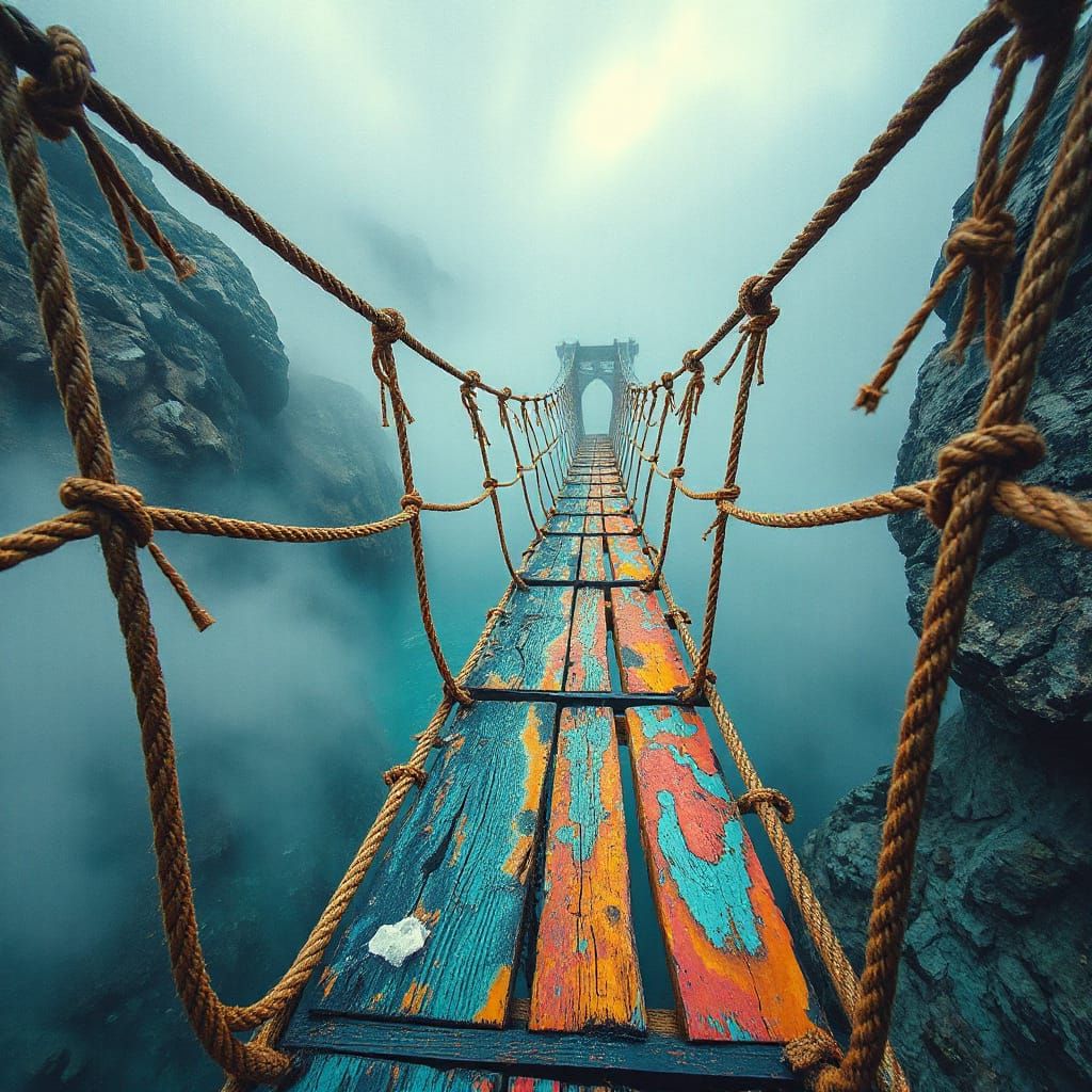 Dilapidated Rope Bridge, Ink splatter, watercolors, wet on wet, rubbing alcohol, salt hyper detailed, ...  by @bookwrm0706