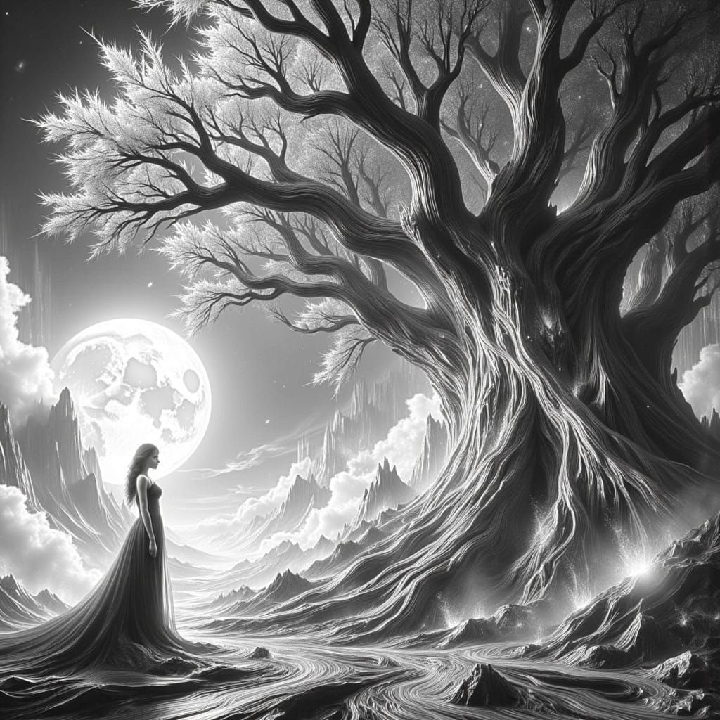Woman Contemplates Ancient Tree in Grayscale Moonlight