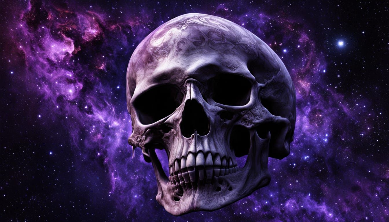 A colossal, crystalline skull, pulsating with inner light, floats in the void of deep space. Nebulae swirl around it in vibrant hues of viol...