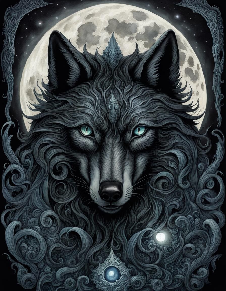 Lovecraftian Eldritch soft water colors romanticism wolf eyes full moon ...