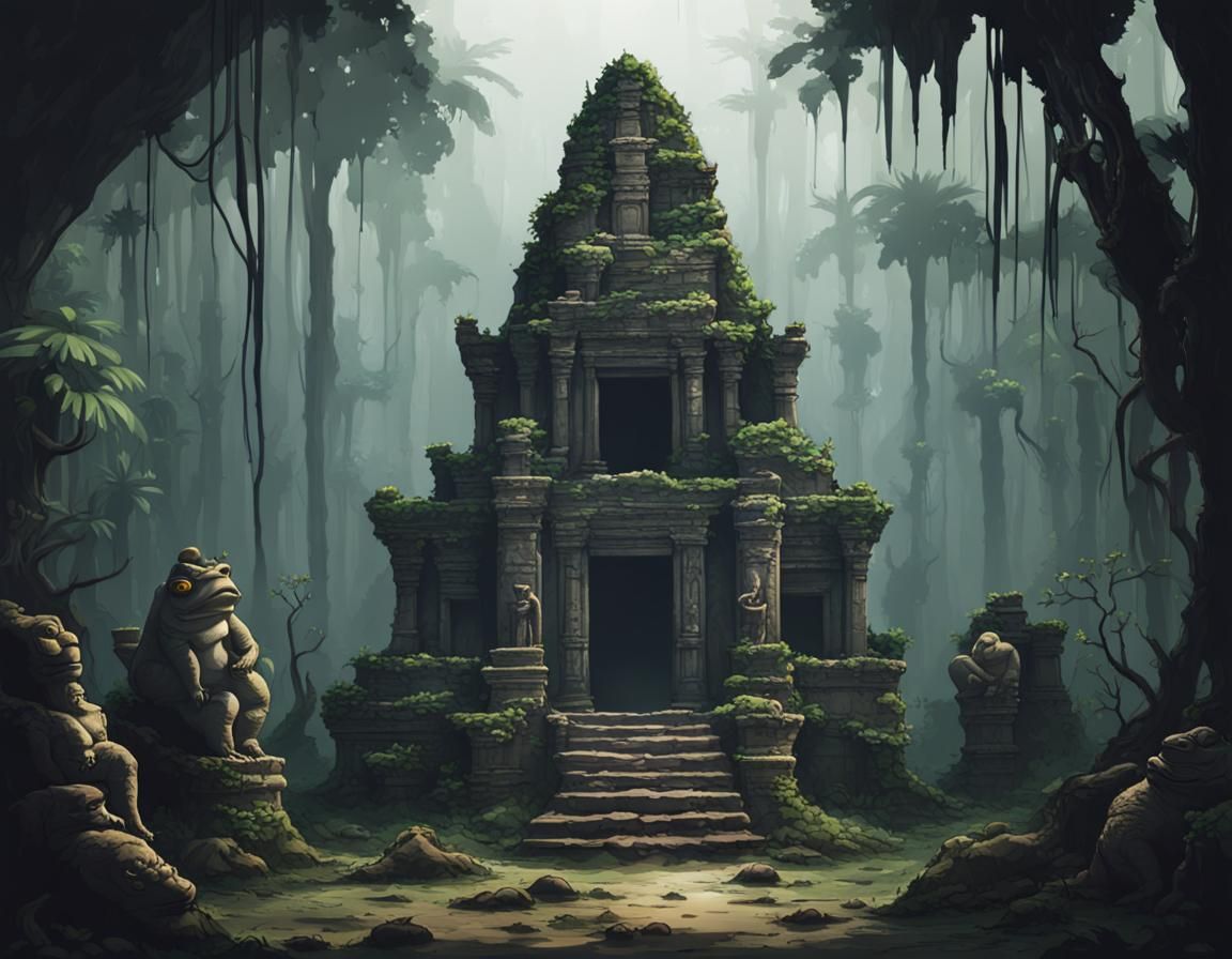 An ancient half ruined temple in jungle. Statues of big toads, ominous ...