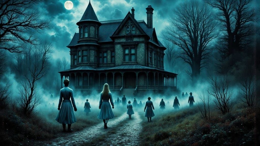 <lora:mystic flux:1.0> <lora:Abstract Reality:1.0> Painterly style. Medium shot. An abandoned Victorian mansion, shrouded in mist, with ethe...