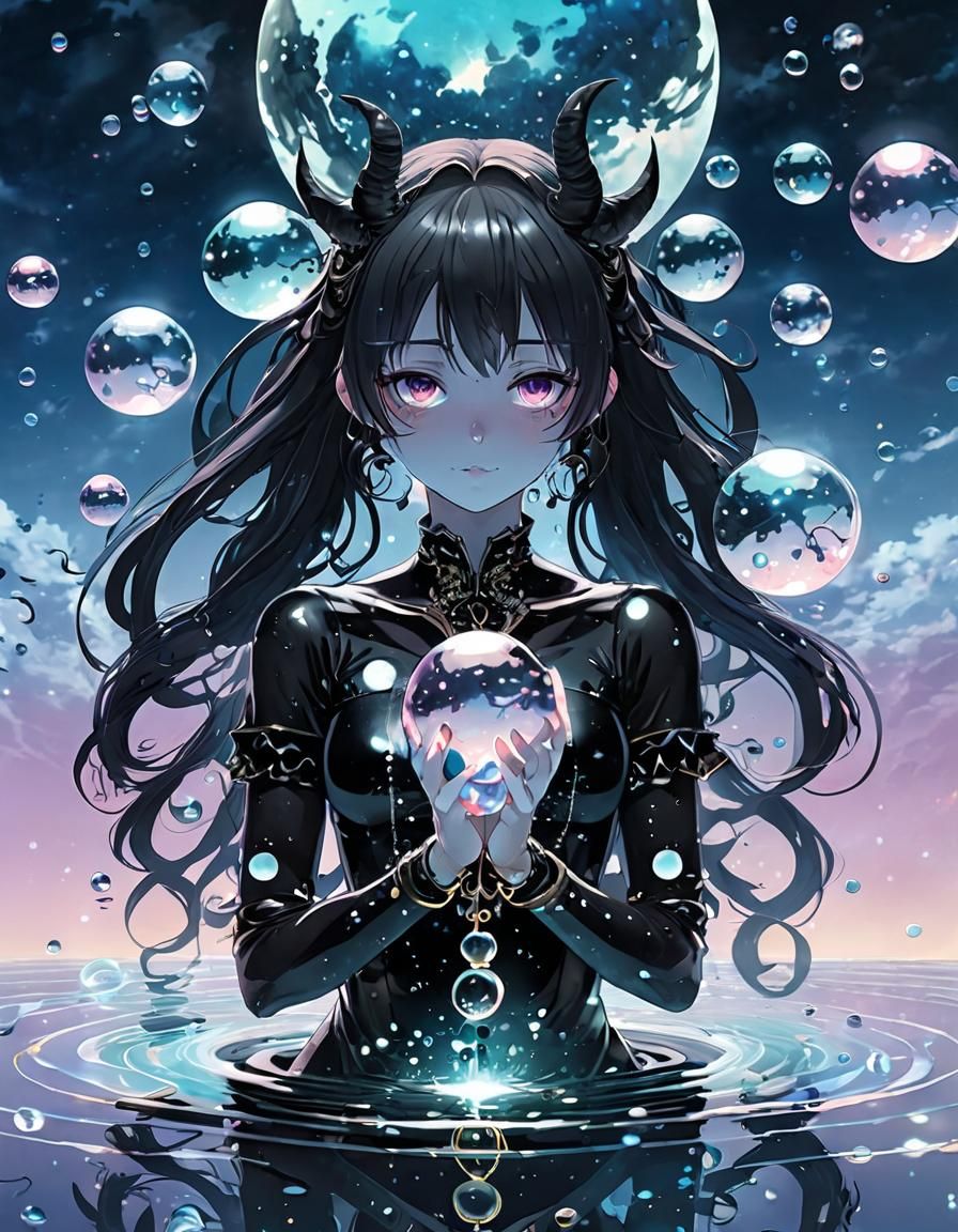 black Demoness surrounded by glass water bubbles water droplets glass shiny orbs pastel pastel colors serene meditation night sky floating r...