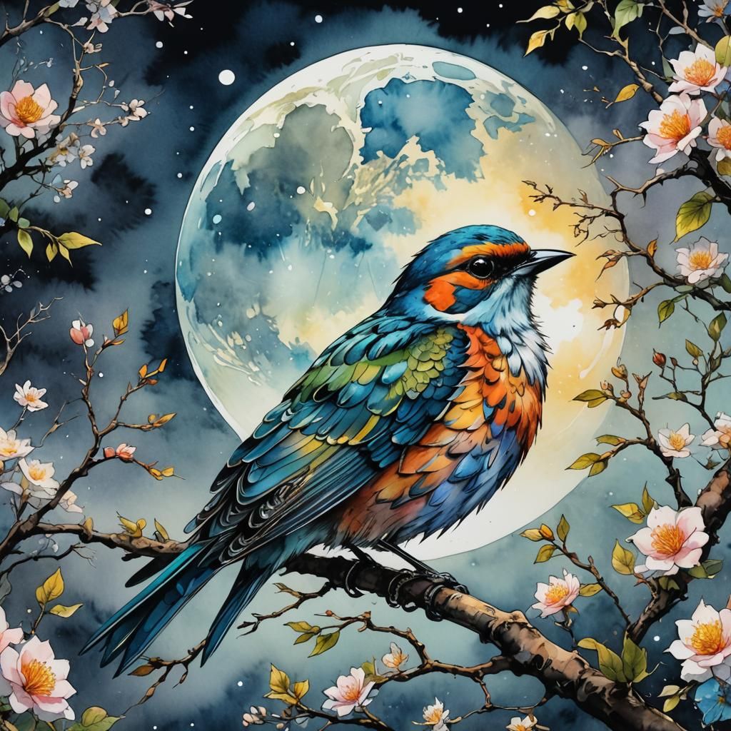 Stunning colorful bird under the full moon watercolors hyperdetailed 8k light at dawn establishing shot, alcohol ink comic illustration Jasm...