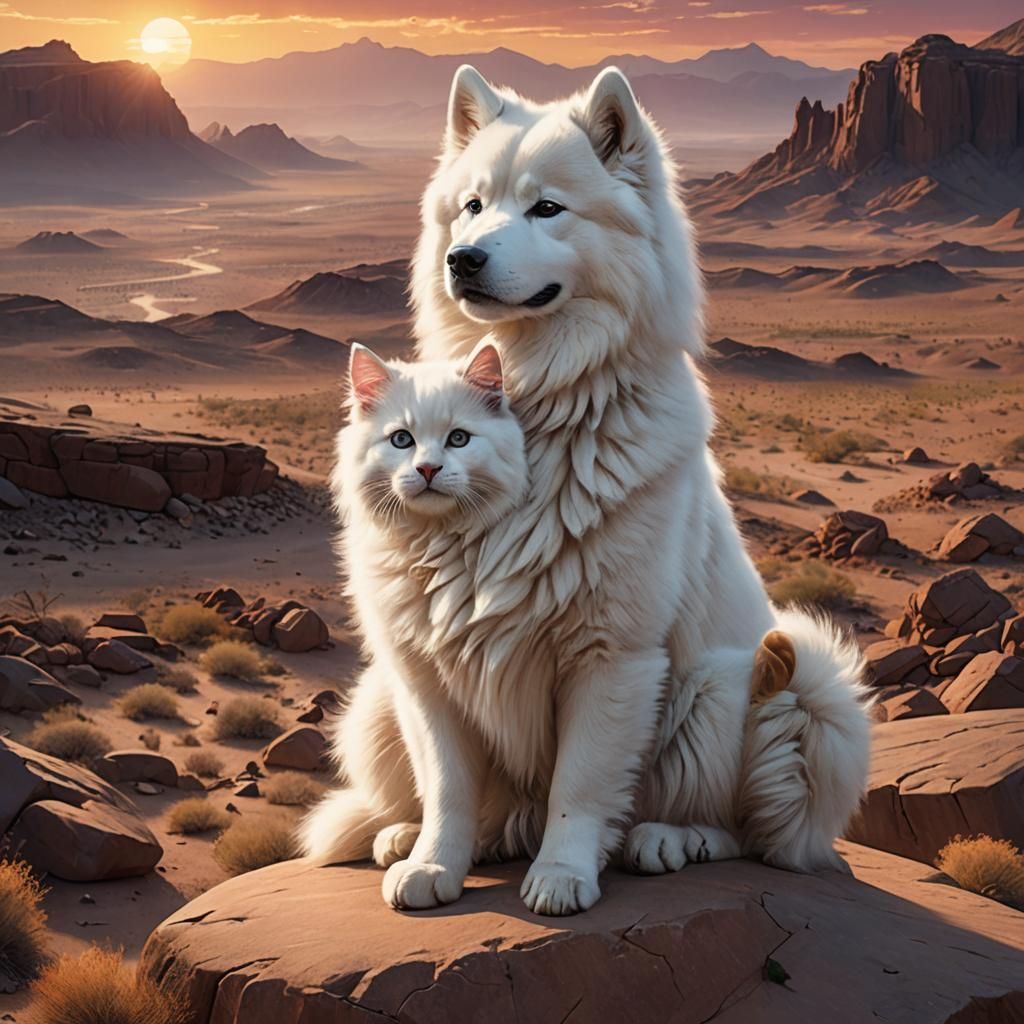 A Samoyed and a Kitten sitting on a rock, stunning desert su...