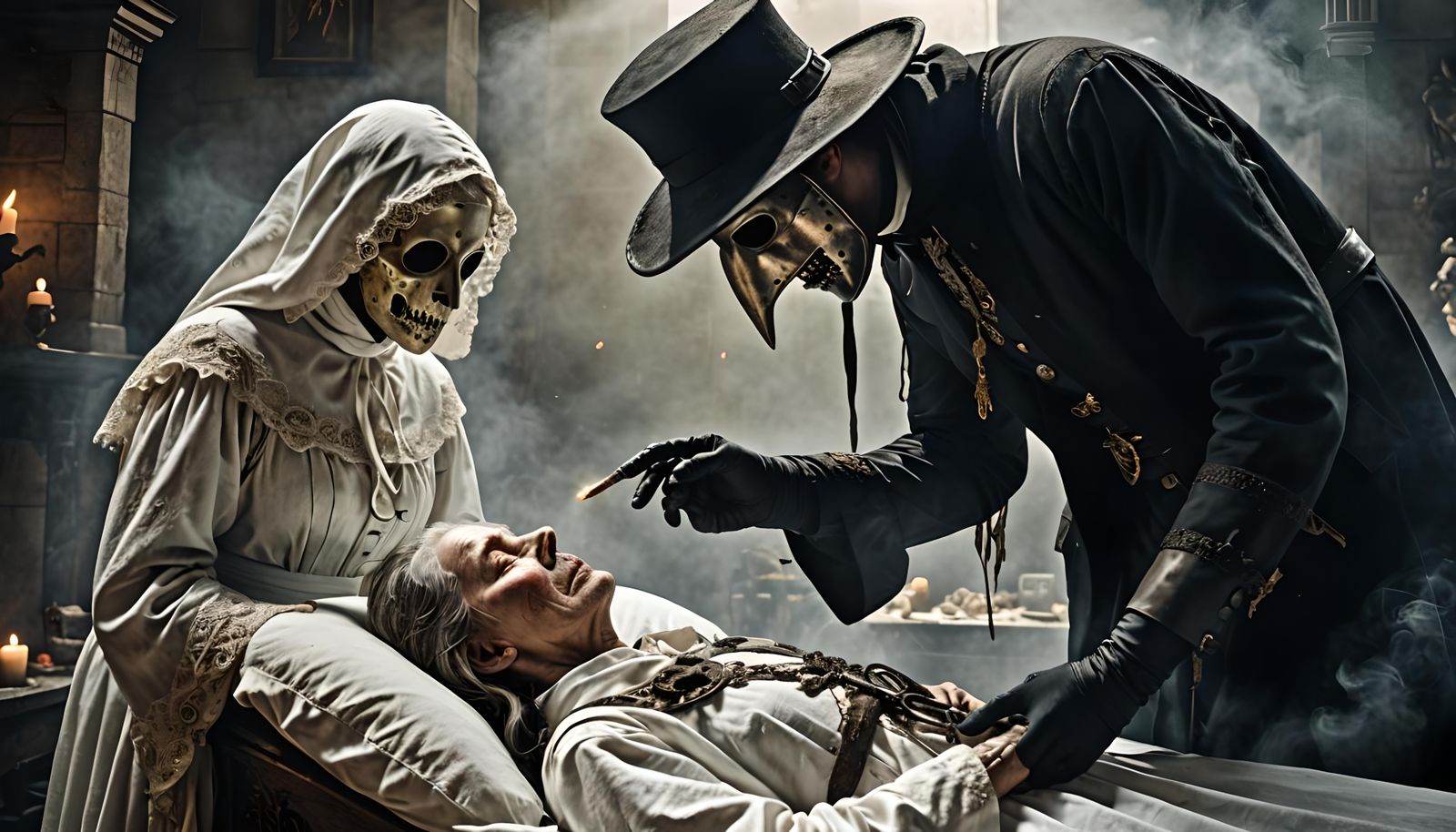 A Plague Doctor Attends To A Dying Woman, the woman Is Between Life And Death. A White Heavenly Glow ...  by @KOSH