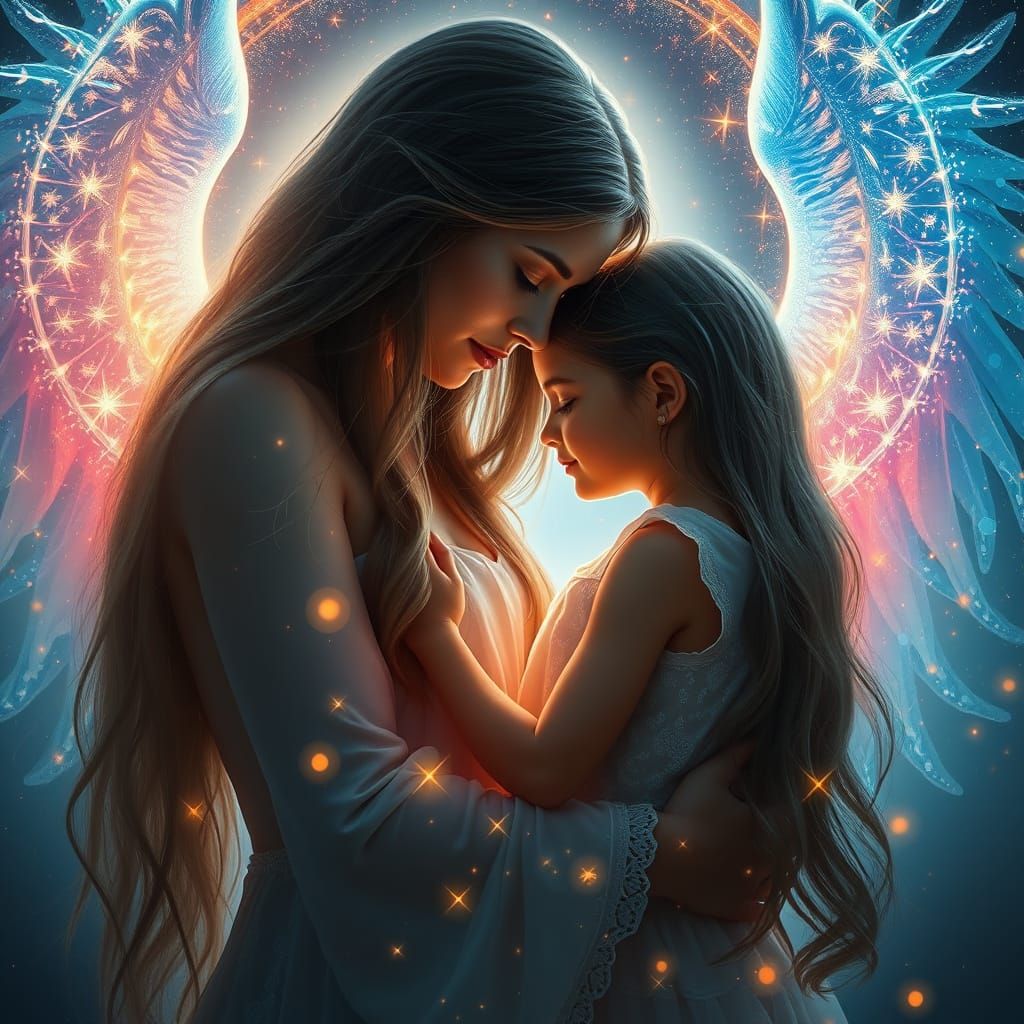 An mage of a stunning, ethereal artwork that beautifully portrays the deep bond between a mother and ...  by @amrellin