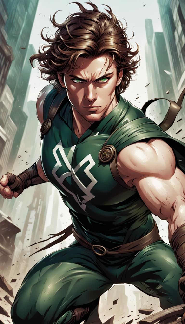 A man superhero
Brown messy hair
Green eyes
White skin
He is...