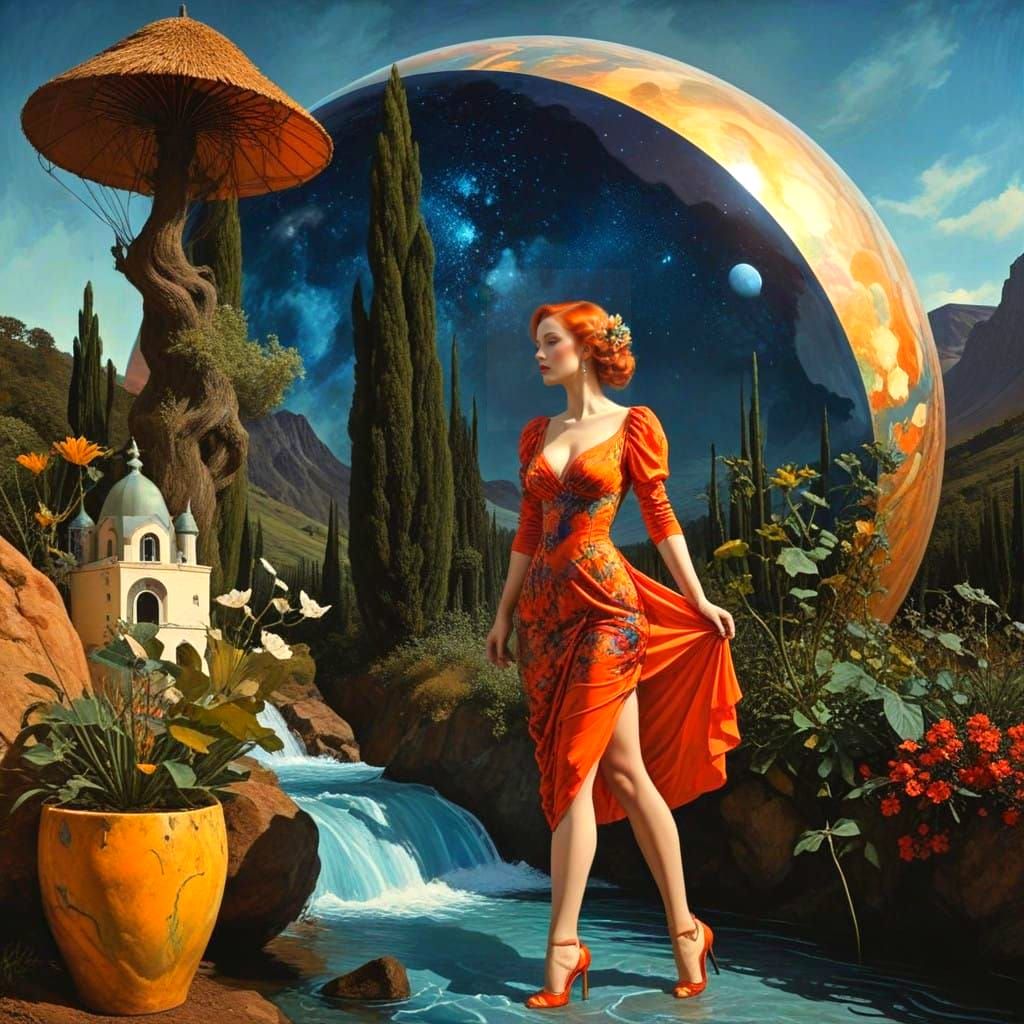 Surrealistic Lady in Vibrant, Polished Surroundings