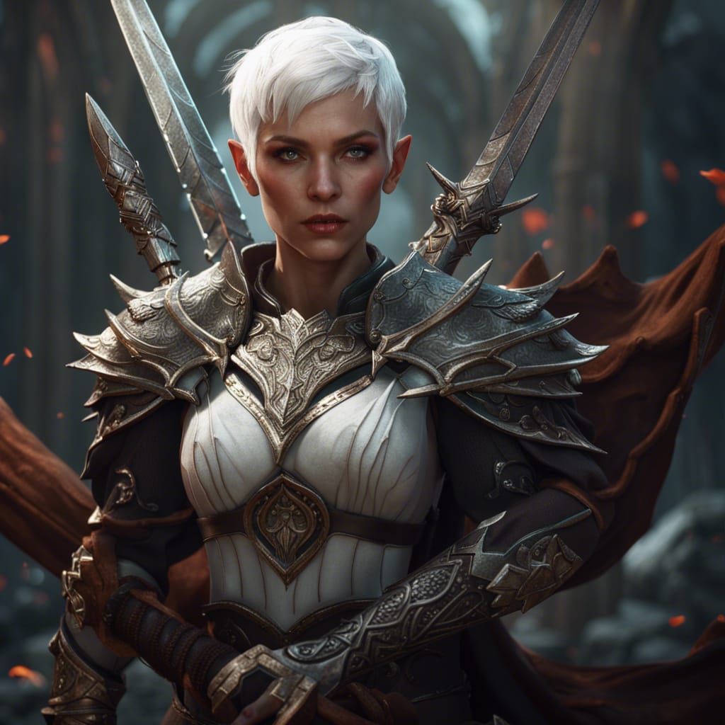 half elf female with short white hair holding two daggers - AI ...