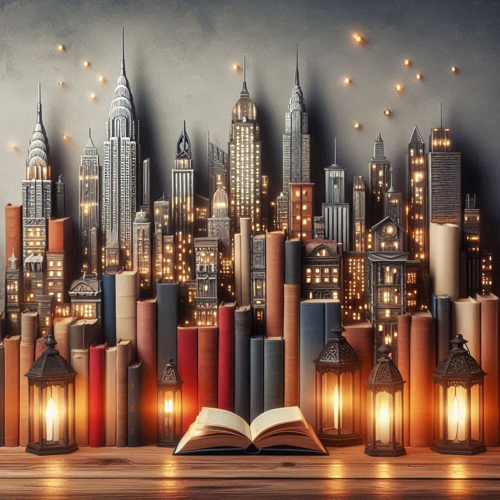 Skyline with books and lanterns