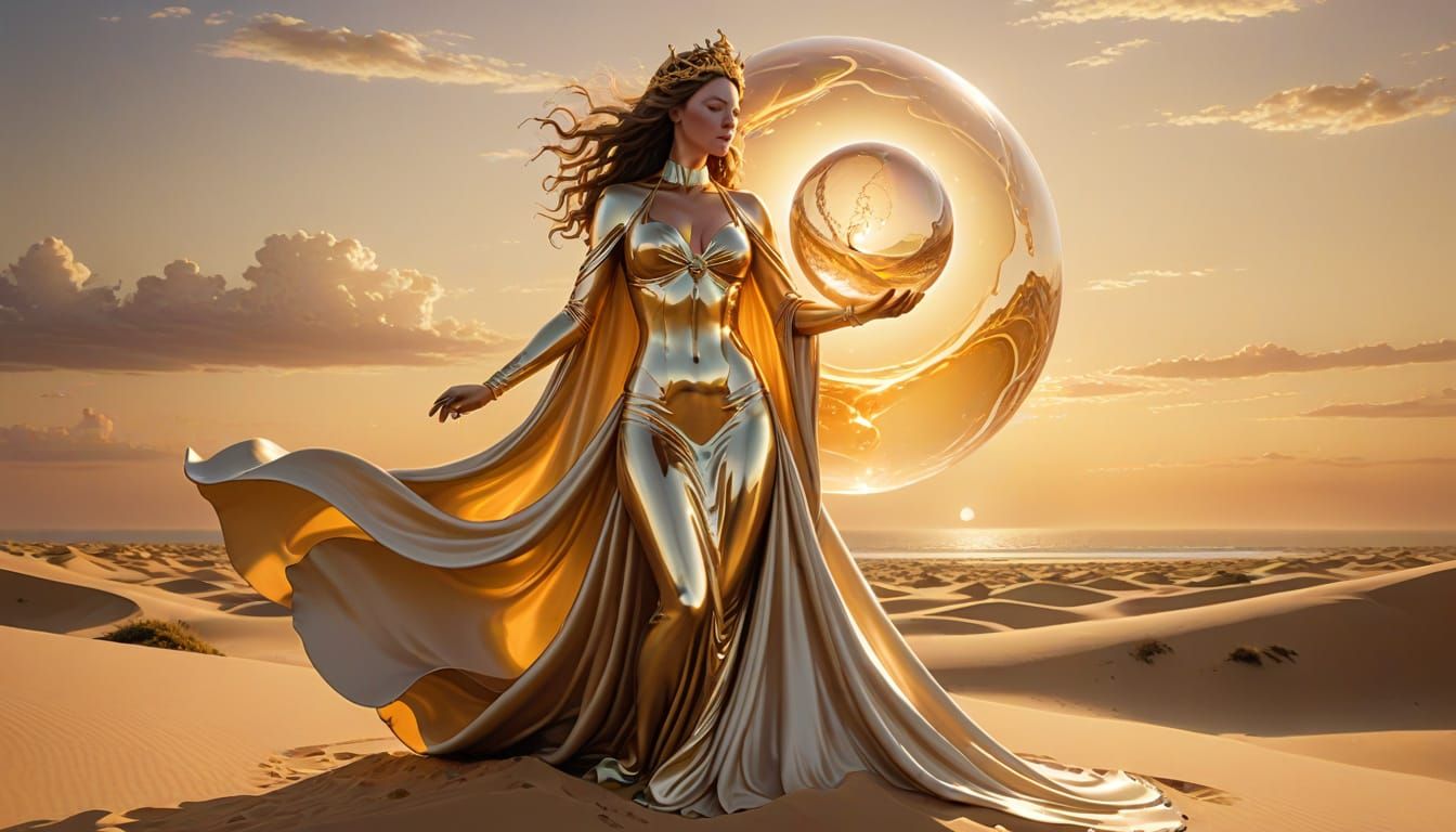 Atop the tallest dune under a rose-tinged sky, a towering goddess in flowing ivory latex, skin shimmering with sunlit gold, lifts her hand t...