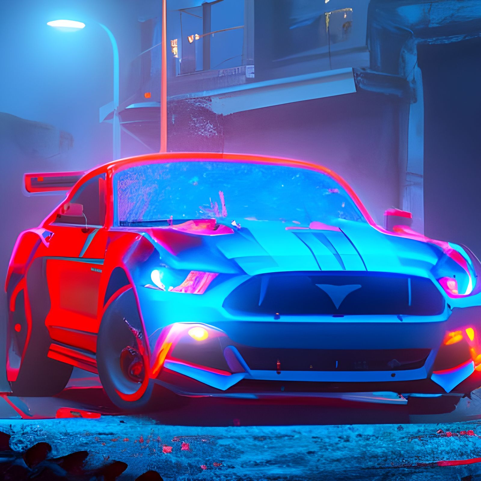 Mustang lit with red and blue neon lights.