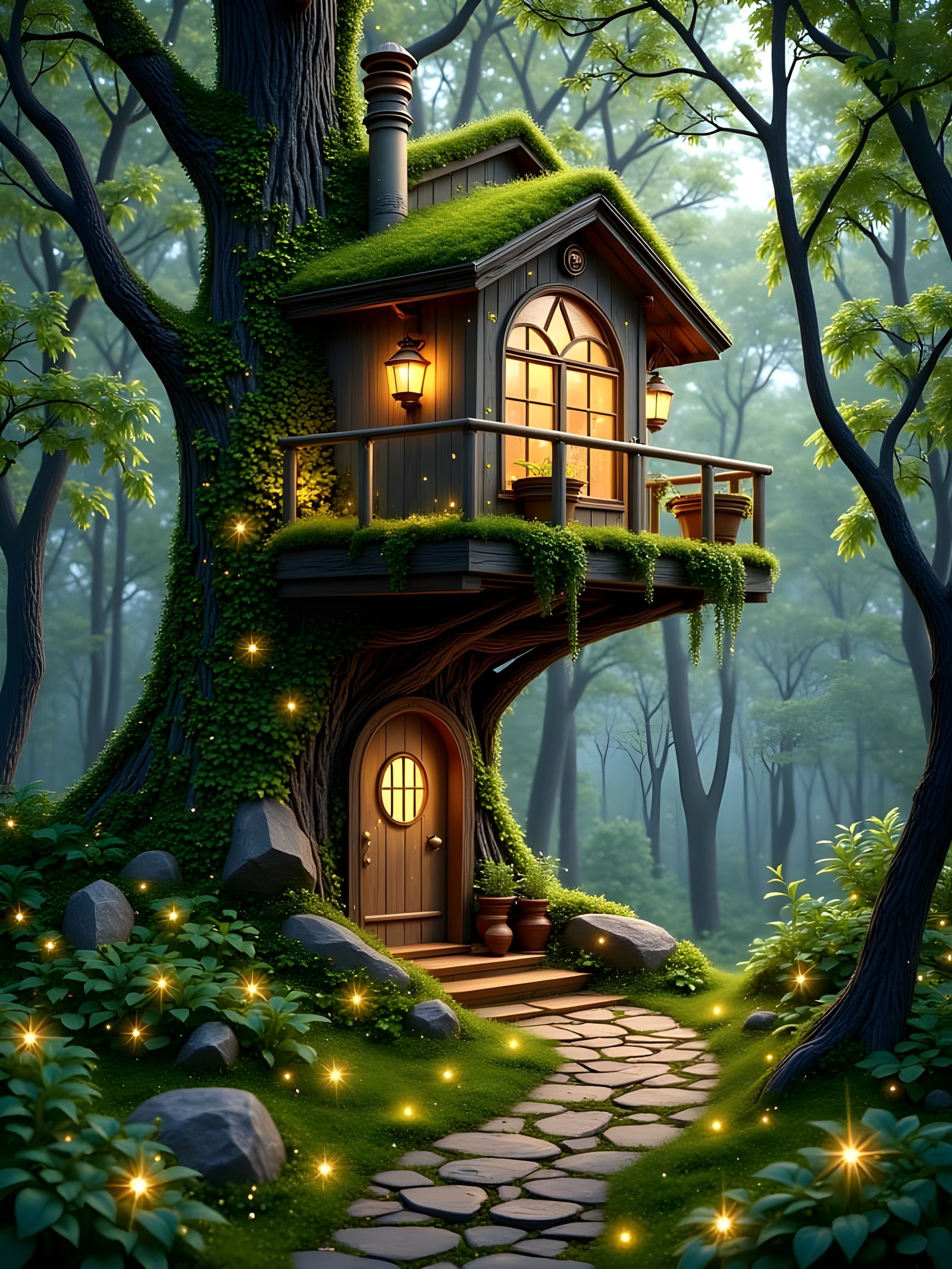 treehouse, stone pathway, enchanting forest, <lora:Ethereal Glitz:1.0>