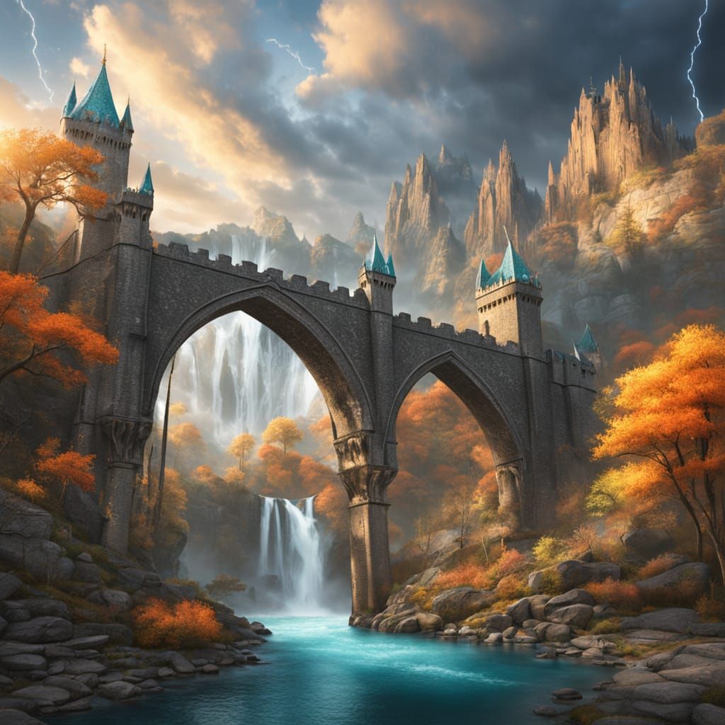 Two magnificent giant castles perched on extremely steep mountain peaks, connected by a beautiful long stone bridge, fantasy landscape, no p...