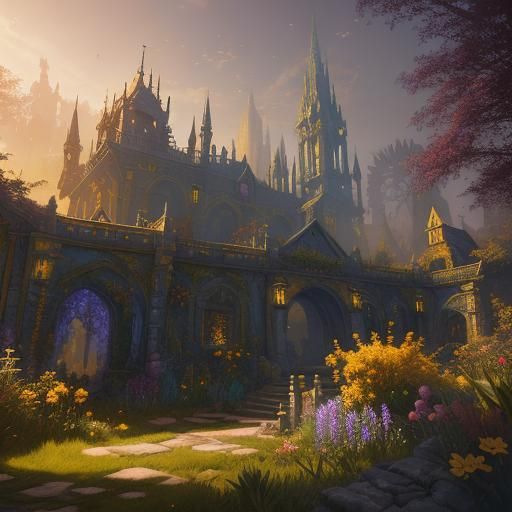 mystic old garden in yellow light of golden hour