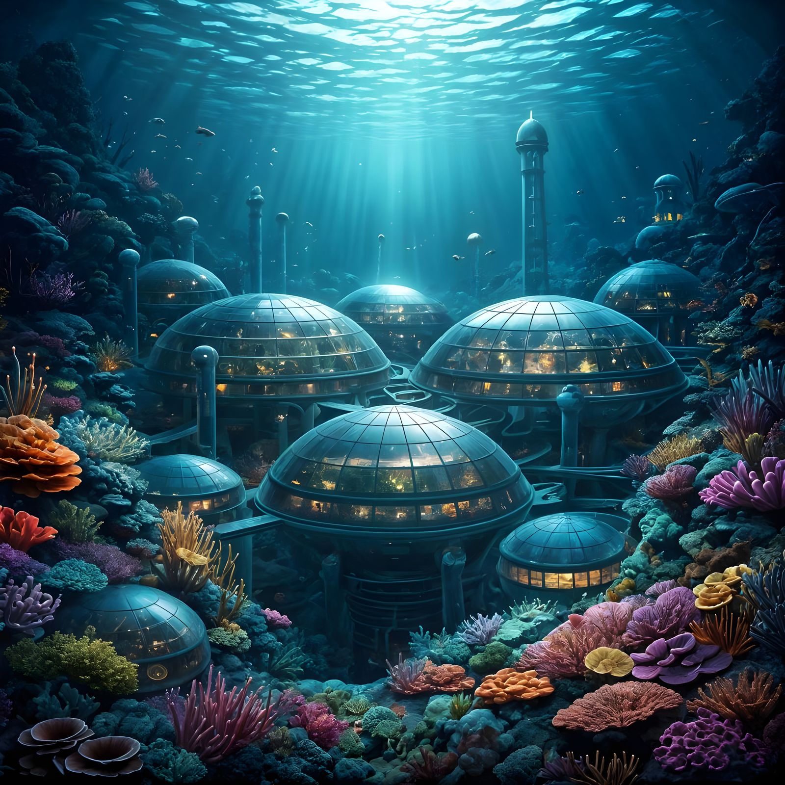 Futuristic city on the ground of the ocean, Domes connected with glass tubes as pathways for the inhabitants. ...  by @Tolino