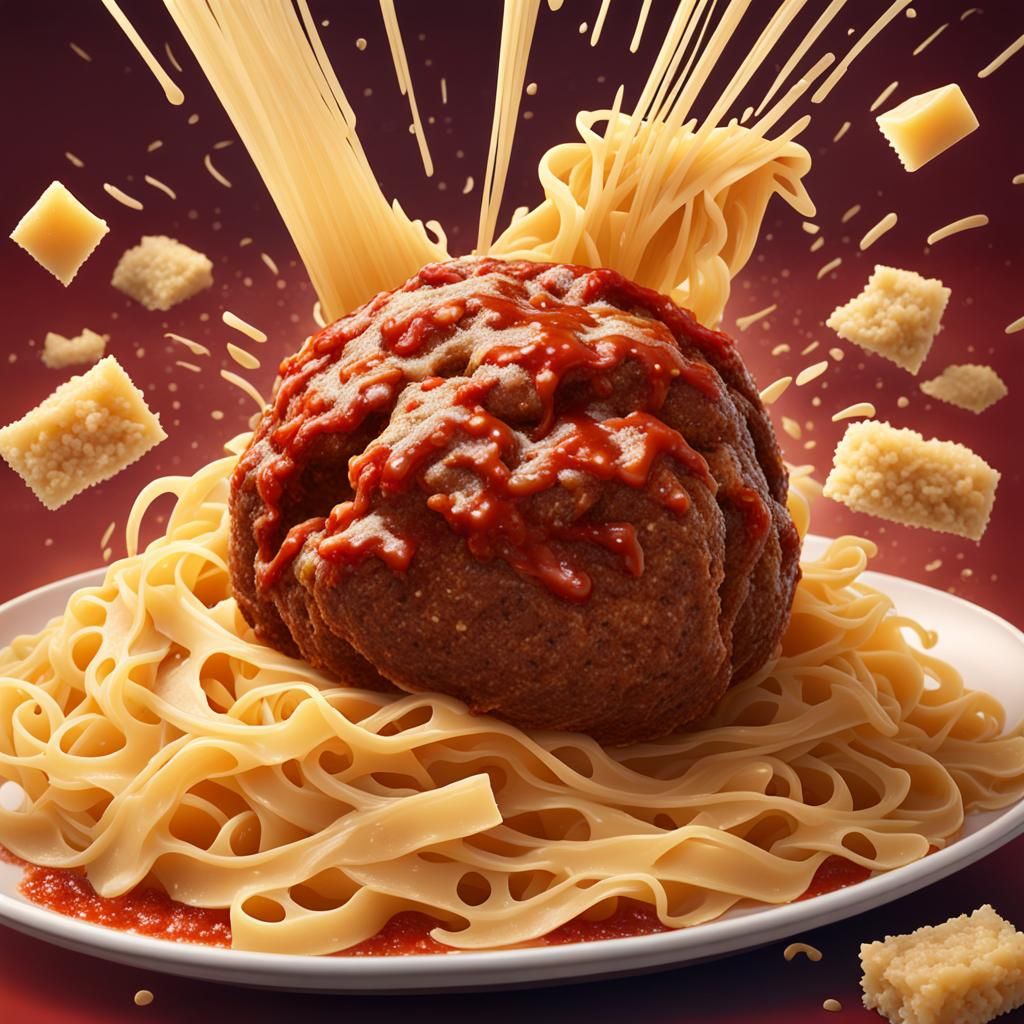 Meatball rolling down pasta mountain with grated Parmigiano cheese on