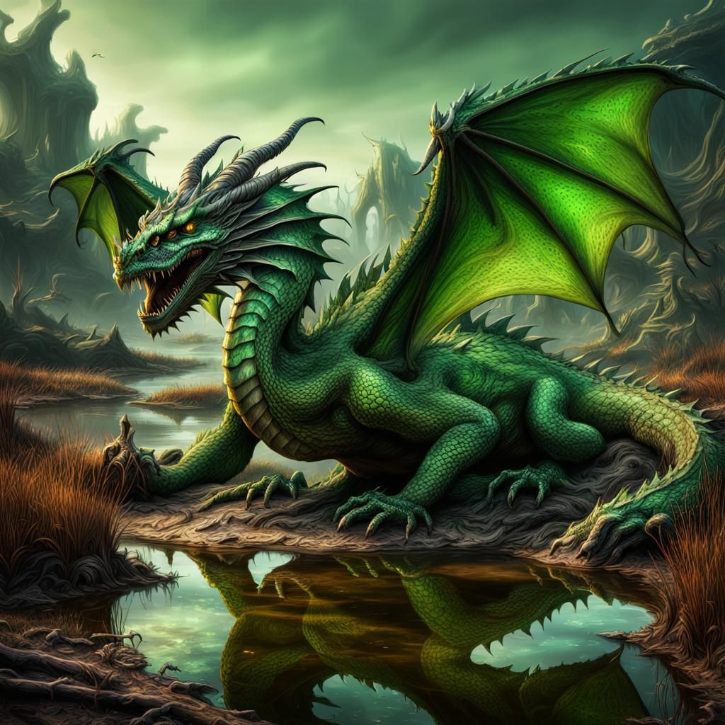 Green acid dragon, fantasy, brown swamp