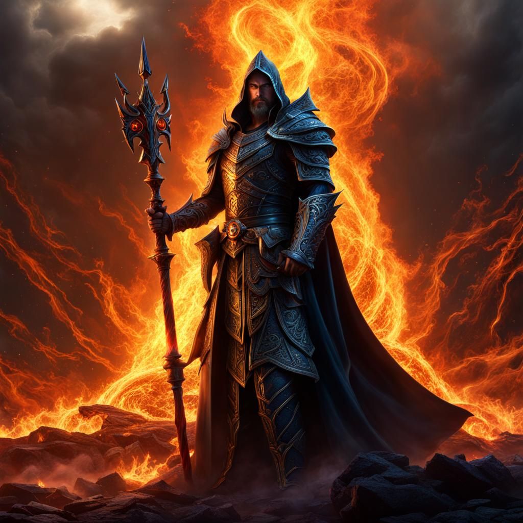 dark fantasy, sorcerer king, overlord, middle of fire, elemental ...