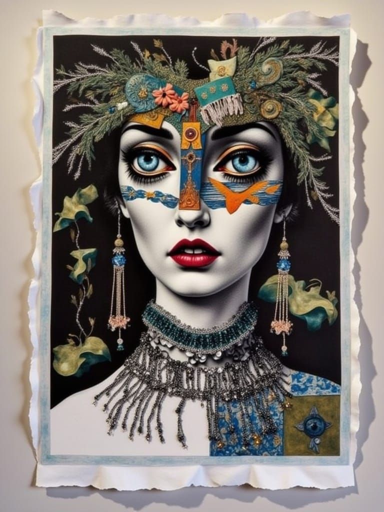 <lora:Funky:1.0> Layered mixed media collage, yellowed vignette cursive manuscripts, variety of texture and pattern, batik patchwork, beauti...